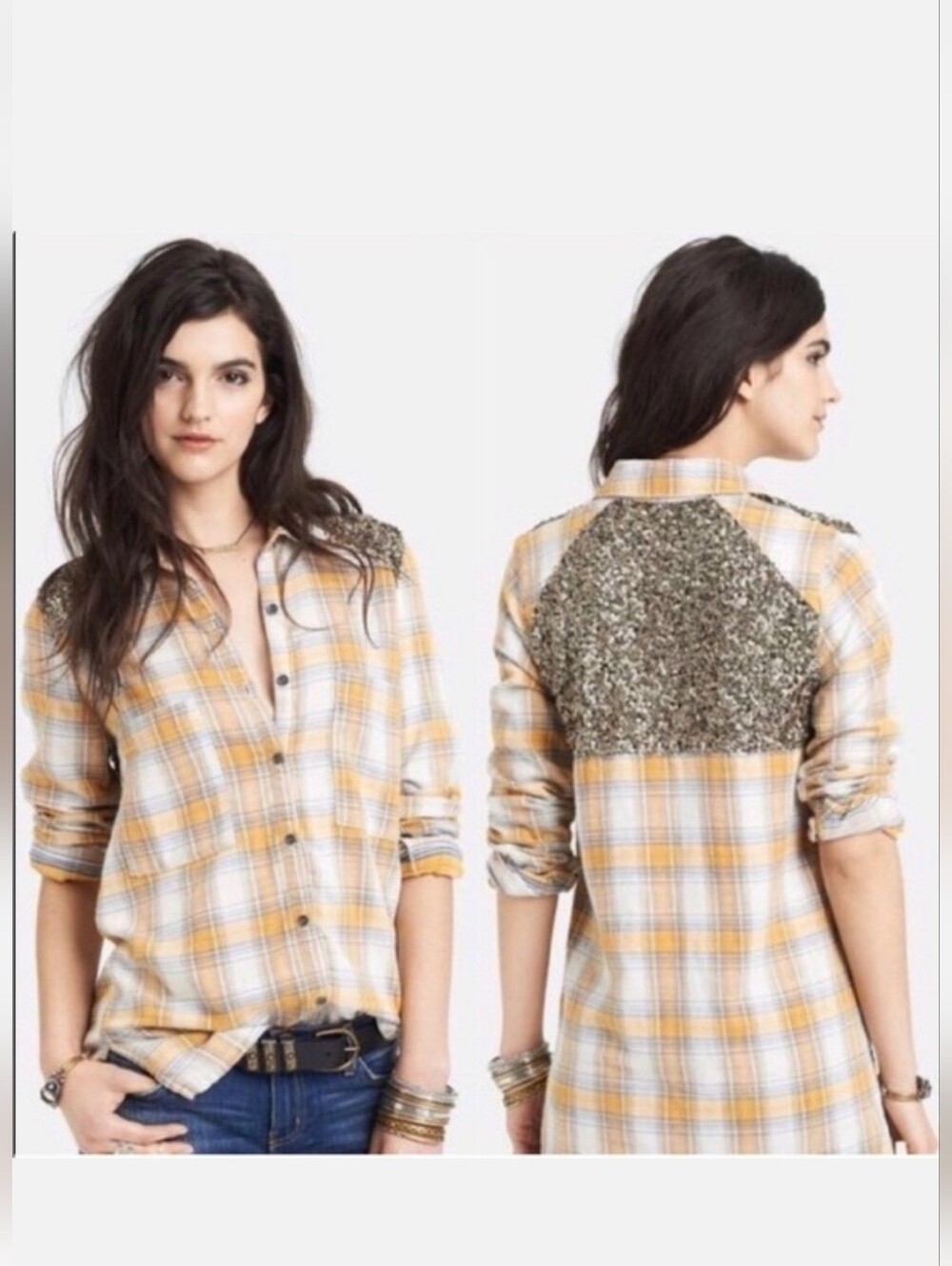 Free People Little Bit Of Sugar Flannel Button-Up Shirt with Sequined Back